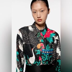 Zara Black Floral Crane Print Satin Blouse with Teal & Pink Accents
